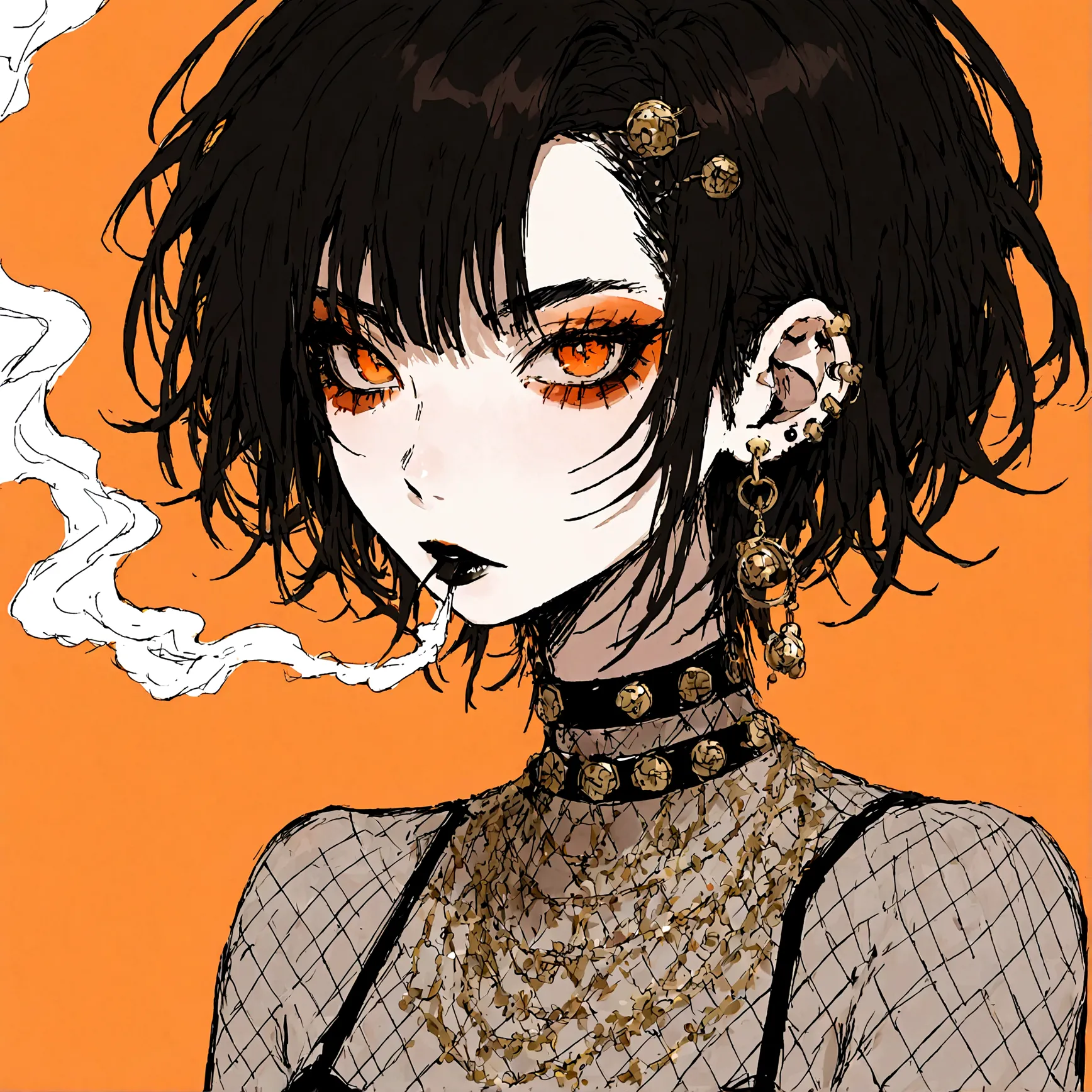 a punk female with long curly black hair, orange eyes and an orange backround, smoke coming from mouth, wearing punk goth attire...