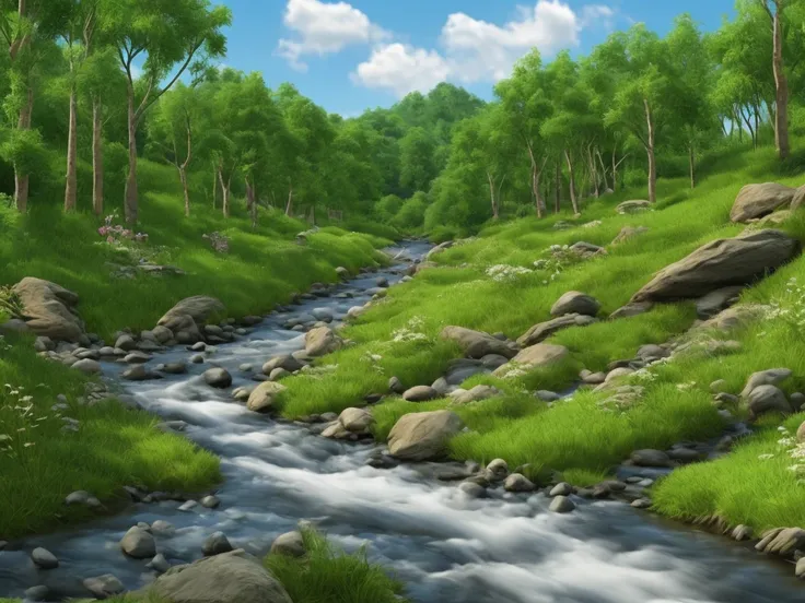 Stream coming down hill, trees next to stream, realistic, photorealistic, hyperealistic, small animals and birds by stream, blue sky, occasional small clouds, 