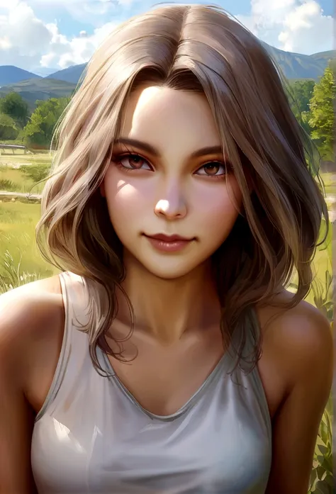 LiluCannelle, cheveux longs, sourire, bare shoulders, closed mouth, Haut du corps, cheveux brun, En plein air, jour, cheveux roux, arbre, tank top, Realistic, taches de rousseur sur le corps