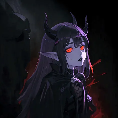 a gothic sexy succubus with long demon horns, has crimson red skin, wearing black leather bdsm gear, in a dark black room, has a feint aura, lit up from behind her