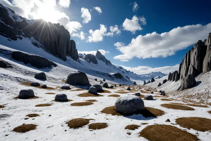 ((HAY UNA FORTALEZA ESTILO BRUTALISTA DE CONCRETO Y PASA UNA NAVE ESPACIAL VOLANDO  FUTURISTA SIGLO 40 DC))AMONG THE STEEP AND INTRINSIC MOUNTAINS WITH SHARP ROCKS WITH SNOW AND ICE, THE CLEAR AND COLD SKY HAS THE CLOUDS DESTROYED BY THE FREEZING WIND FROM...