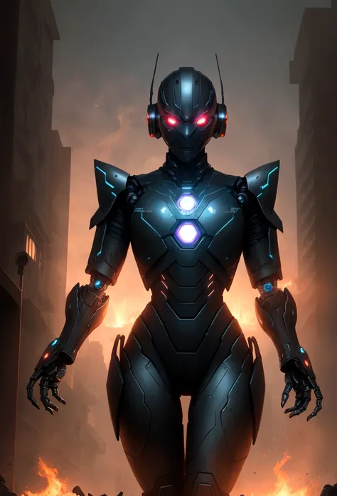 Cyber robot, hero pose, dark dystopian, burning, eye glow,