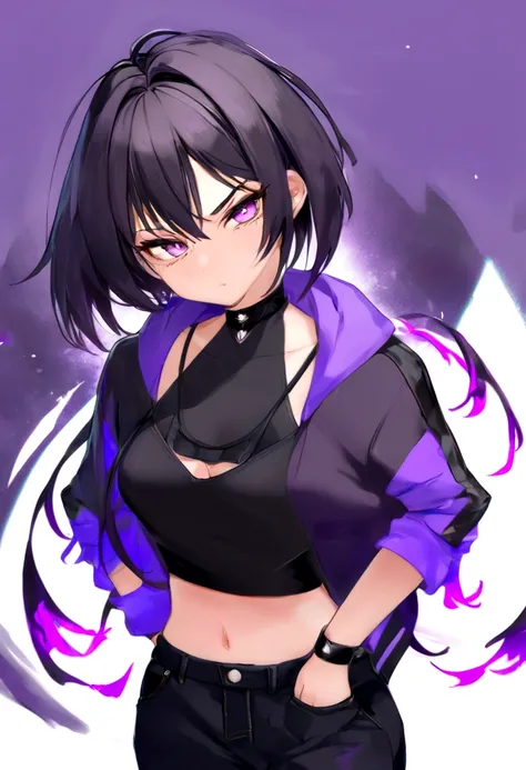 full body, tomboy, mature, sexy, smart, short black hair color black, short pitch black hair, eyes pupil purple, short jacket, b...