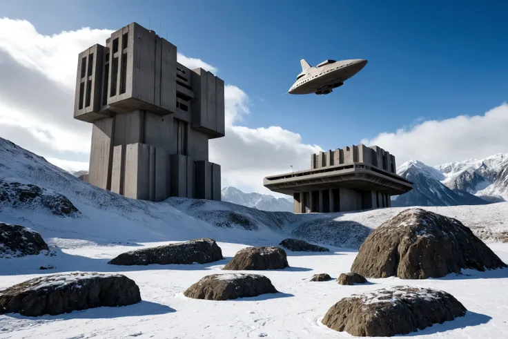 ((ON AN ALIEN PLANET IN THE FOREGROUND THERE IS A BRUTALIST STYLE CONCRETE FORTRESS AND A FUTURISTIC 40TH CENTURY AD FLYING SPACESHIP PASSES IN THE BACKGROUND))AMONG THE STEEP AND INTRINSIC MOUNTAINS WITH SHARP ROCKS WITH SNOW AND ICE, THE CLEAR AND COLD S...