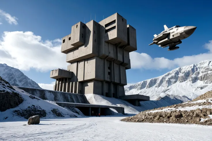 ((ON AN ALIEN PLANET IN THE FOREGROUND THERE IS A BRUTALIST STYLE CONCRETE FORTRESS AND A FUTURISTIC 40TH CENTURY AD FLYING SPACESHIP PASSES IN THE BACKGROUND))AMONG THE STEEP AND INTRINSIC MOUNTAINS WITH SHARP ROCKS WITH SNOW AND ICE, THE CLEAR AND COLD S...