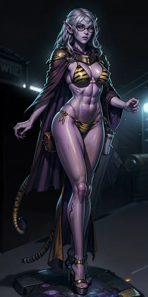 Full body, masterpiece, 1solofemale drow elf purple skin standing pose (yellow tiger bikini) red cape, red bikini, long white hair, strong body, abs, Ultra Quality, shiny skin, Atmospheric, 8K, Cinematic ((Street background)) BREAK, sunglasses