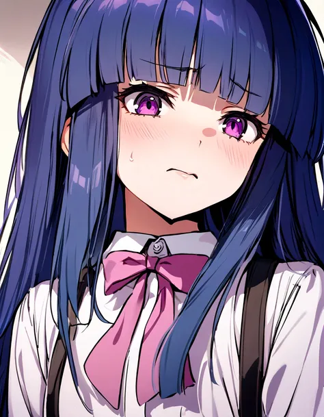 woman showing disgust, one girl, (furude rika), blue hair, purple eyes, long hair, blunt bangs, bangs, white shirt, pink bow, su...