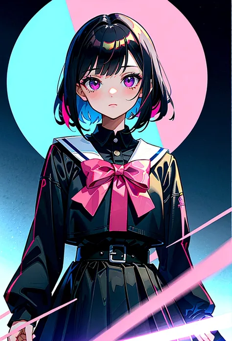 una chica anime de ojos rojos, black hair with pink highlights with small hair bow with small blue and yellow cubes decoration on the bow, en el lado derecho de la cabeza. Ella viste un uniforme escolar destrozado por un combate. Tiene varias heridasus ojo...