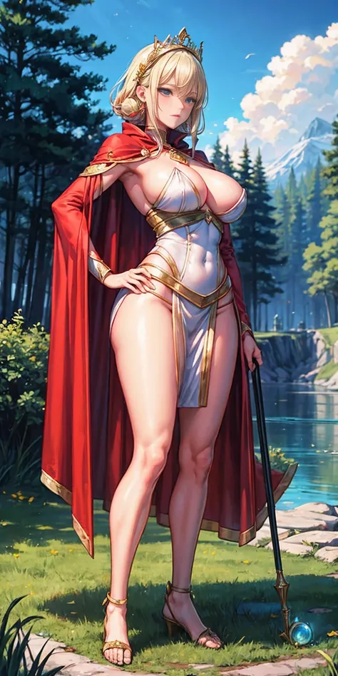 full body toe to head, masterpiece, 1soloMILF BIMBO standing pose holding magical wooded staff with ruby rose gemstone on it. long cape, strong body, abs, shiny skin (masterpiece, best quality) 1girlsolo (the empress:1.15) (red cape) curtain, armored dress...