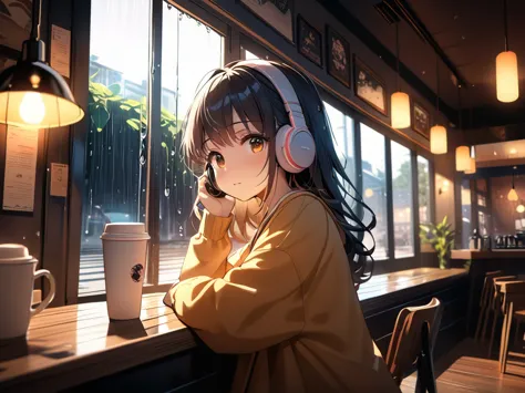 highest quality, ultra-high resolution, one girl, morning cafe、drink coffee、cute,(black hair:1), ((puffy eyes)), looking out the...