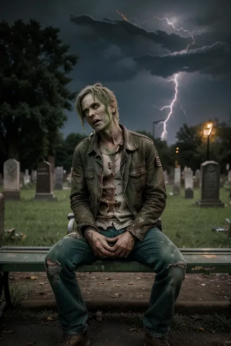 Zombie male middle-aged decay green skin tone dirty full body photo very worn clothes Playing The moment lightning strikes At the graveyard Holding a zombie cat  Sitting on a bench