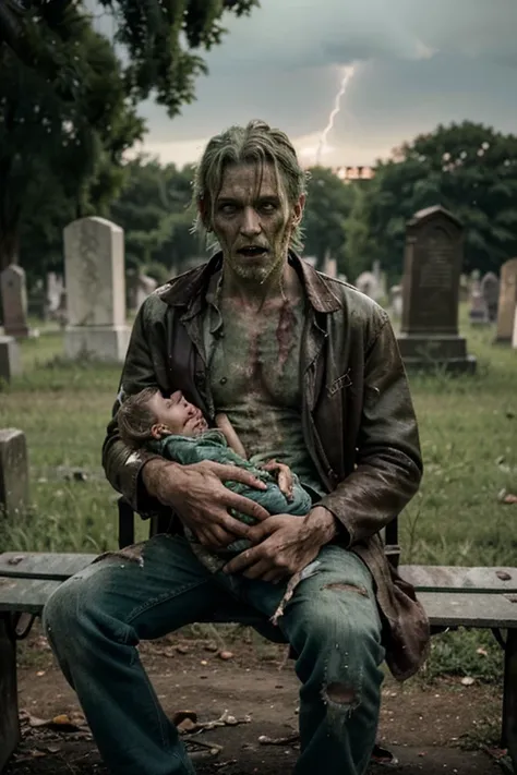 Zombie male middle-aged decay green skin tone dirty full body photo very worn clothes Playing The moment lightning strikes At the graveyard   Sitting on a bench holding a dead cat on his lap