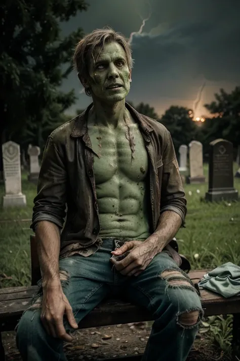 Zombie male middle-aged decay green skin tone dirty full body photo very worn clothes Playing The moment lightning strikes At the graveyard   Sitting on a bench holding a dead cat on his lap