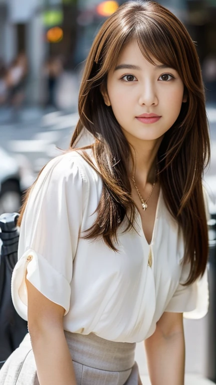   front view,  from looking at viewer, Japanese Girls , (20-year-old),(Detailed face, Beautiful Eyes, bangs ,Light brown straight hair, Faint lips), (Middle chest, Slender Hoist, Middle Hip, Little public hair) ,	(white blouse),(mini skirt),pearl necklace,...