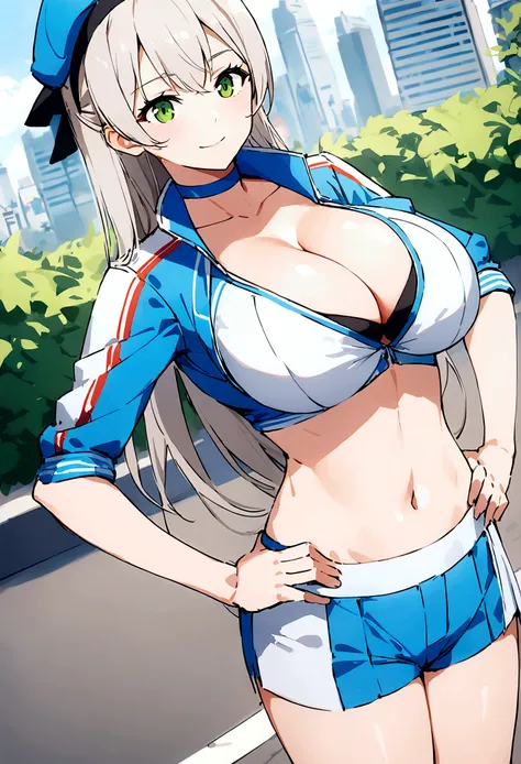 score_9, score_8_up, score_7_up,4k, ,BREAK , (from side,top angle),standing,straight-on,hands on hips,1girl,RACEELIE,silver hair,long hair,HAIRBAND, CHOKER, BLUE HAT, BLUE JACKET, CROPPED JACKET, (CLEAVAGE,large breast),bouncing breast, MIDRIFF, BLUE SHORT...