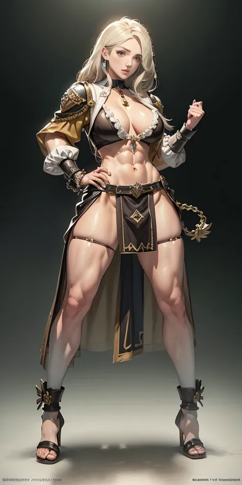 full body toe to head, masterpiece, 1soloMILF BIMBO standing loincloth pose, leather collar choker neck bell shackles wristbands bracers bracelets sleeves and stockings, strong body, abs, shiny skin (masterpiece, best quality) 1girlsolo wearing 40K Warhamm...