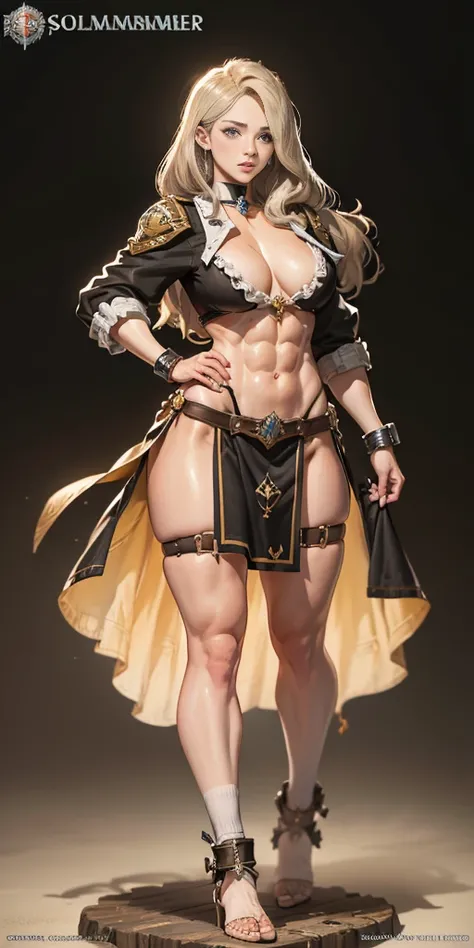 full body toe to head, masterpiece, 1soloMILF BIMBO standing loincloth pose, leather collar choker neck bell shackles wristbands bracers bracelets sleeves and stockings, strong body, abs, shiny skin (masterpiece, best quality) 1girlsolo wearing 40K Warhamm...