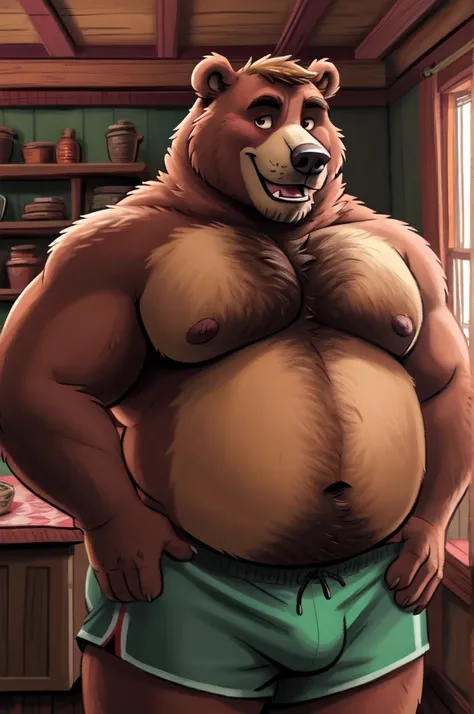 hi res, russian bear, anthro, 4 fingers, blurred background, middle aged mature male in early 40s, chubby, chubby anthro, chubby male, tail, standing in living room of very realistic very detailed very accurate russian dacha house, solo, detailed backgroun...