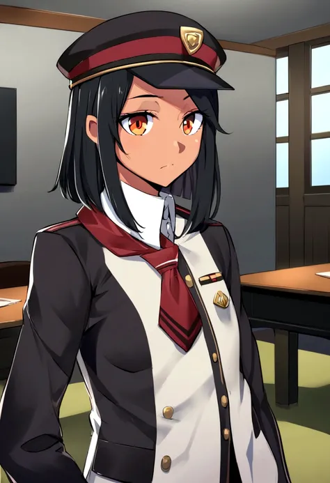 Chico  varonil con uniforme escolar negro y gorra, cabello negro, with slightly tanned skin and amber eyes in a debate room.