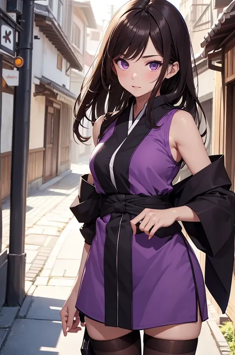 8K, Best Quality, Masterpiece, Ultra High Resolution, 1 Girl, Beautiful Eyes, Face Details, Dark Brunette Hair, Straight Hair, Brown Eyes, Kunoichi Uniform, Sleeveless Purple Kimono, Mesh Tights, Standing Outside in Village, Pale Skin, Masterpiece, Best Qu...