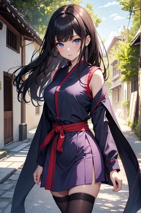 8K, Best Quality, Masterpiece, Ultra High Resolution, 1 Girl, Beautiful Eyes, Face Details, Dark Brunette Hair, Long Hair, Straight Hair, Navy Blue Eyes, Kunoichi Uniform, Sleeveless Purple Kimono, Mesh Tights, Standing Outside in Village, Pale Skin, Maste...