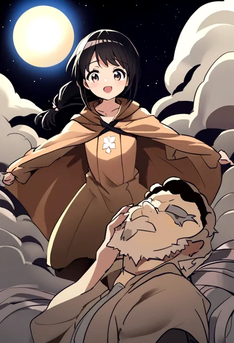 "A young anime girl floats gracefully in space, her long black hair tied up and wearing a cloak with a costume featuring a prominent B emblem in the center that shows signs of lifes challenges but also reflects the pride of accomplishment. In the backgroun...