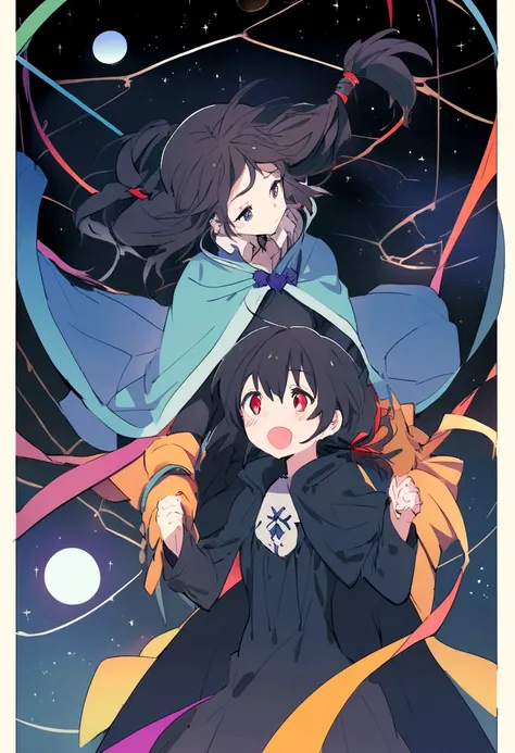 "A young anime girl floats gracefully in space, her long black hair tied up and wearing a cloak with a costume featuring a prominent B emblem in the center that shows signs of lifes challenges but also reflects the pride of accomplishment. In the backgroun...