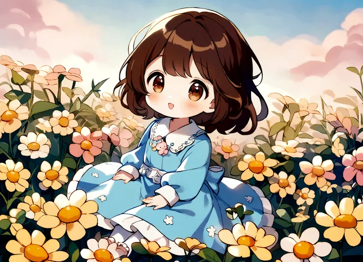 a small girl with dark brown hair, blue dress with long sleeves, sitting in a field of flowers. little twin star sanrio style.