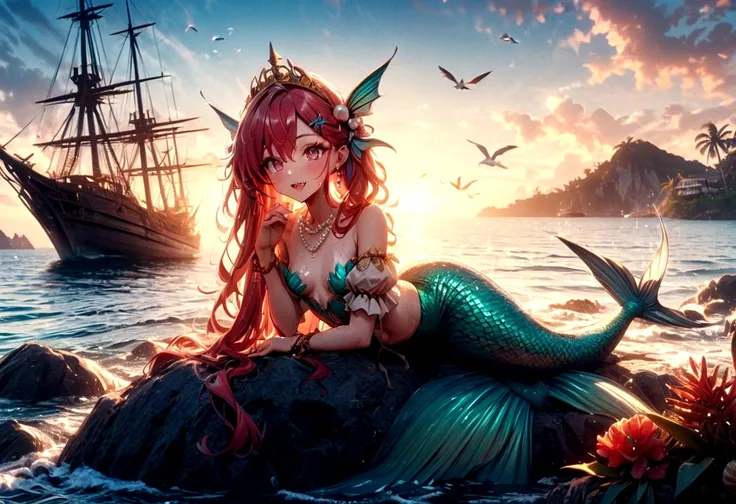 (best quality,4k,8k,highres,masterpiece:1.2),ultra-detailed, drawn in anime style, Pretty 15 years old princess magically transformed into a beautiful mermaid, race swap, fantastic transformation, steampunk, fish like, wet body, dominant shades of red, lon...