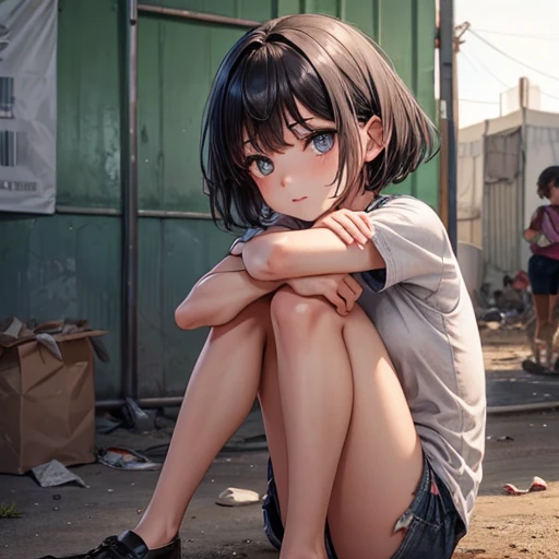 Girl with short gray hair, Fine Eyes, Tattered short sleeves, Background of the refugee camp, Sit on the ground  