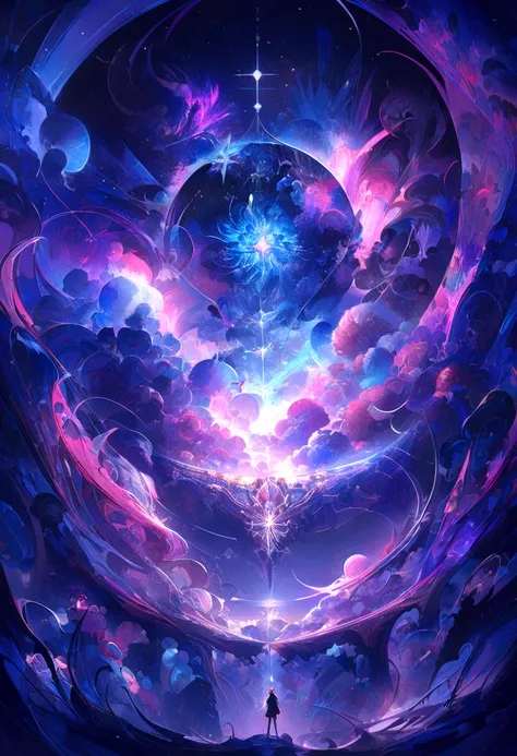 (blue and purple theme, nebula, galaxie:1.3), univers vibrant, Sparkling magic, kaleidoscope patterns, shimmering highlights, de grands yeux, surrealism, fantaisie, Fantastic elements, contemplation sereine, Dynamic energy, moment de calme, vibrant colors,...