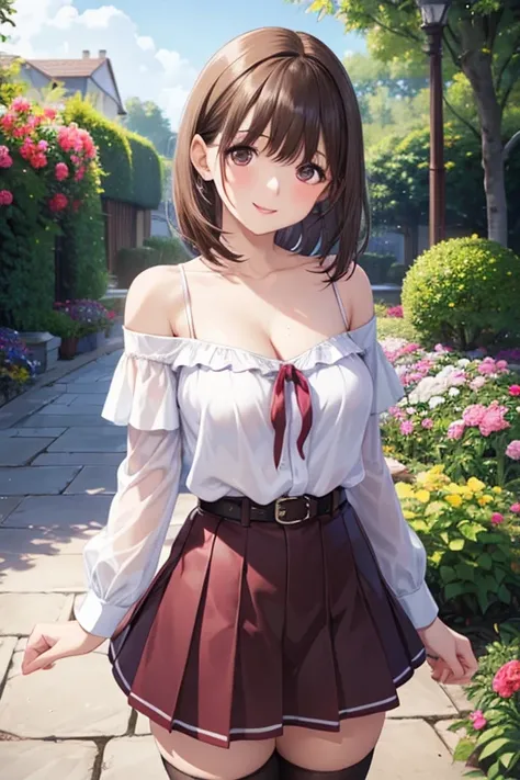  One girl, alone, glossy maroon short hair、Beautiful brown eyes、Sparkling eyes、Ultra-detailed eyes、camisole, Off-the-shoulder shirt, belt, skirt, White knee socks, Cleavage, , Cowboy Shot, Lips parted, garden 、smile、Happy