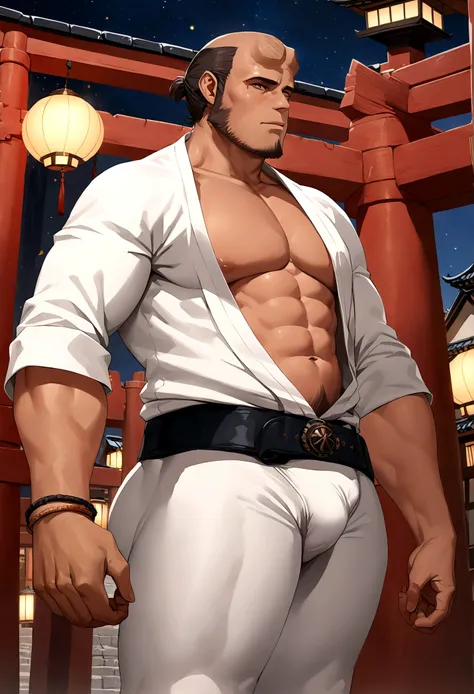 sexy mature daddy, tanned-skin, big bulge, darker skin, stubble, muscular, best quality, masterpiece, super high resolution, detailed background, realism, illustrations, single, 1 boy, torii, muscle, volumetric lighting, depth of field, facial hair, ryu, w...