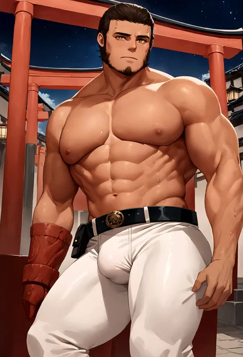 sexy mature daddy, tanned-skin, big bulge, darker skin, stubble, muscular, best quality, masterpiece, super high resolution, detailed background, realism, illustrations, single, 1 boy, torii, muscle, volumetric lighting, depth of field, facial hair, ryu, w...