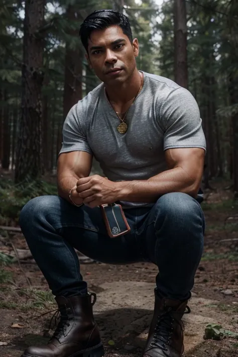 Mark Consuelos, Hiram Lodge, Teen Wolf, 40 years old, short messy black hair, slim muscular build, black eyes, open red shirt, dark blue jeans, black belt, light brown combat boots, silver moon pendant, gold background black, misty forest