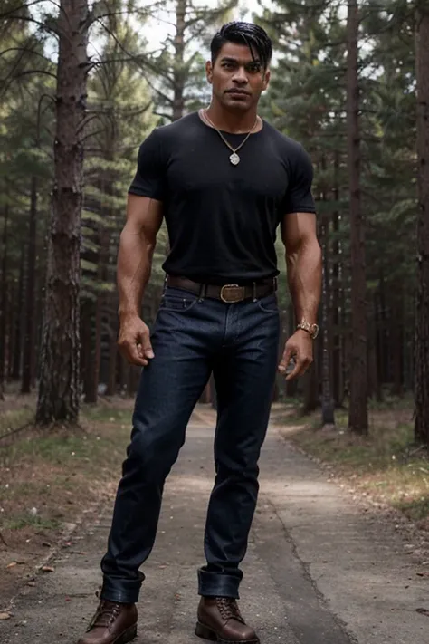 Mark Consuelos, Hiram Lodge, Teen Wolf, 40 years old, short messy black hair, slim muscular build, black eyes, open red shirt, dark blue jeans, black belt, light brown combat boots, silver moon pendant, gold background black, misty forest