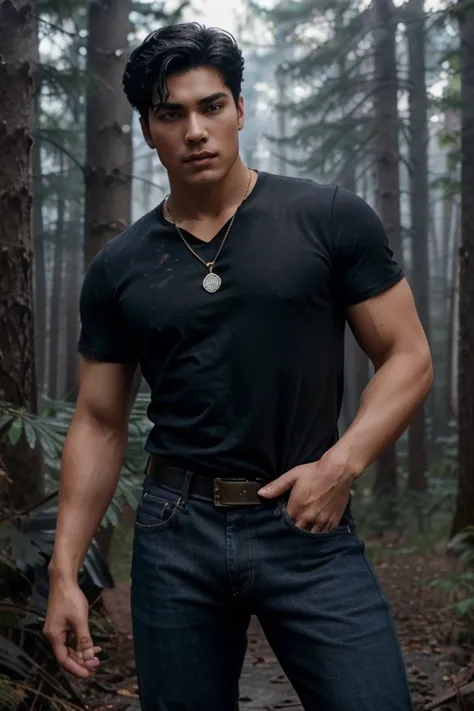 Charles Melton, Reggie Mantle, Teen Wolf, 18 years old, short messy black hair, slim muscular build, black eyes, open light blue shirt, dark blue jeans, black belt, light brown combat boots, silver moon pendant, gold background black, misty forest