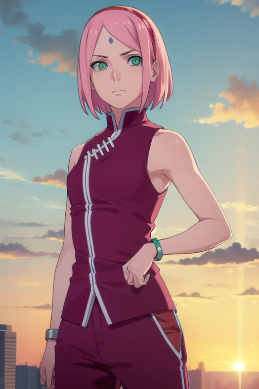 sakuraharuno, sakura uchiha, haruno sakura, short hair, (green eyes:1.5), pink hair, facial mark, forehead mark, hairband,
BREAK jewelry, sleeveless, pants, bracelet, sandals, toeless footwear, white pants, dress, red dress,
BREAK outdoors, city, sun, sky,...