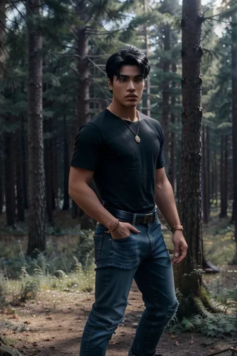 Charles Melton, Reggie Mantle, Teen Wolf, 18 years old, short messy black hair, slim muscular build, black eyes, open light blue shirt, dark blue jeans, black belt, light brown combat boots, silver moon pendant, gold background black, misty forest