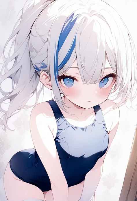 beautiful, masterpiece, highest quality, anime, One girl, C Cup,Portrait Shot, View your viewers, Intricate details,>,((Covered、Short Hair、nearby、Blue Eyes、art、、White hair,Blue streaked hair、wallpaper、ponytail、School swimsuit、White knee socks
