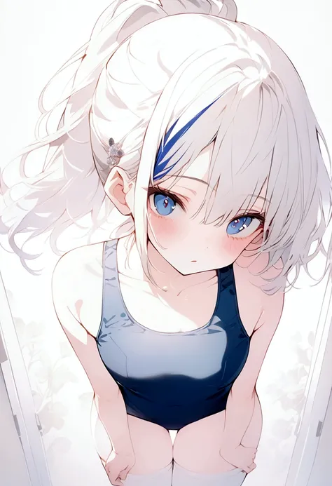 beautiful, masterpiece, highest quality, anime, One girl, C Cup,Portrait Shot, View your viewers, Intricate details,>,((Covered、Short Hair、nearby、Blue Eyes、art、、White hair,Blue streaked hair、wallpaper、ponytail、School swimsuit、White knee socks
