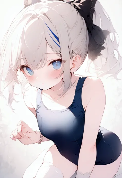 beautiful, masterpiece, highest quality, anime, One girl, C Cup,Portrait Shot, View your viewers, Intricate details,>,((Covered、Short Hair、nearby、Blue Eyes、art、、White hair,Blue streaked hair、wallpaper、ponytail、School swimsuit、White knee socks
