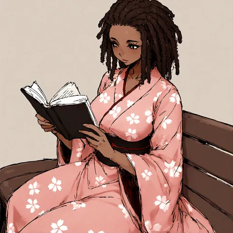 a sexy, curvy ebony skinned milf with long red dreadlocks in a flowing sakura dress on a bench reading a book