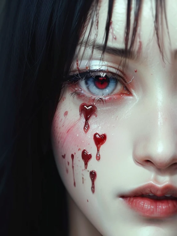 There was a woman with a bloodied face and hearts on her cheeks., Eiko Ishioka, Tears flowingออกมาจากดวงตา, Weeping bloody tears, Masami Kurumada, By Taro Yamamoto, By Ayami Kojima, Sui Ishida, bloody tears, Tears flowingออกมาจากดวงตา, Blood flows from the...