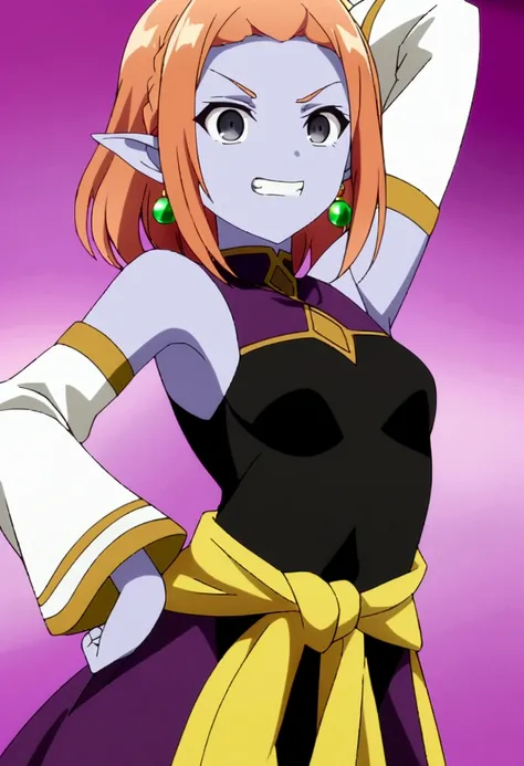 ,Chronoa, source_anime, score_9, score_8_up, score_7_up, anime screencap,8k, absurdres, chronoa, 1girl, solo, bare shoulders, potara earrings, orange hair, pointy ears, black eyes, colored skin, purple skin, official style, low detached sleeves, grin, hand...