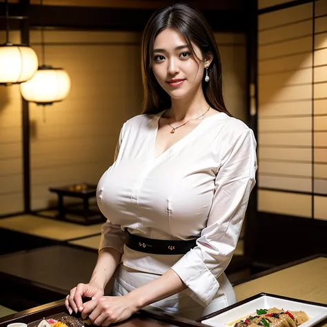 (Extreme Wide Shot:1.3),(Japanese woman:1.3),(huge breasts:1.6),(Slim waist:1.3),(v-neck shirt:1.2),(Thin eyebrows),(smile:1.3),(dark skin:1.3),heavy makeup:1.3, necklace,Earrings,(traditional Japanese restaurant:1.4),highest quality,(((masterpiece))),8k,(...