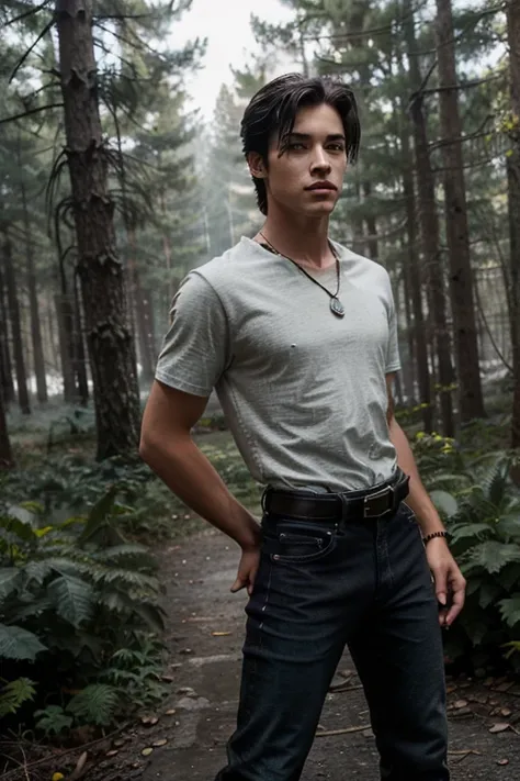 Drew Ray Tanner, Fangs Fogarty, Teen Wolf, 18 years old, short messy black hair, slim muscular build, black eyes, light yellow open shirt, dark blue jeans, black belt, light brown combat boots, pendant silver moon, black gold bottom. , misty forest