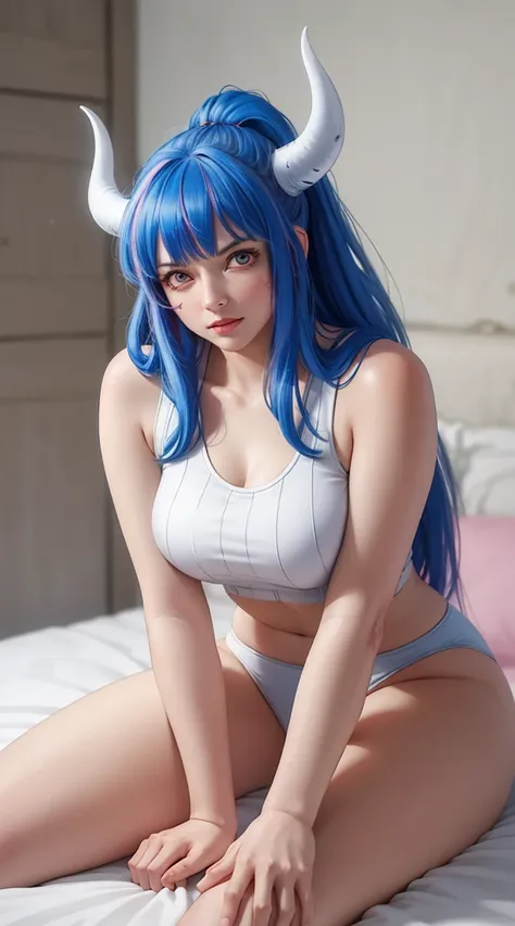 ulti from the anime one piece, has horns, long hair, light blue hair, pink eyes, ponytail, beautiful, beautiful woman, perfect body, perfect breasts, wearing a big white t-shirt, black panties, in bed, room sleep, bed, sitting on the bed sleeping, looking ...