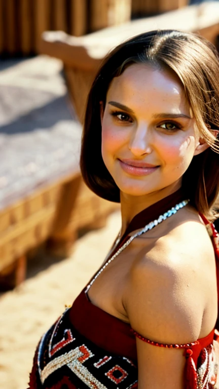 Natalie Portman dressed in traditional Mongolian clothing and a sexy smile.