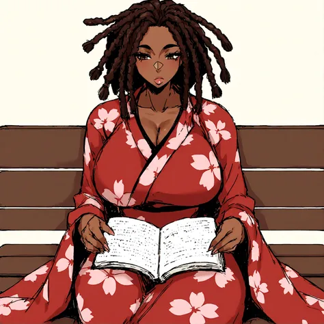 a sexy, curvy ebony skinned milf with long red dreadlocks in a flowing sakura dress on a bench reading a book, big monkey lips